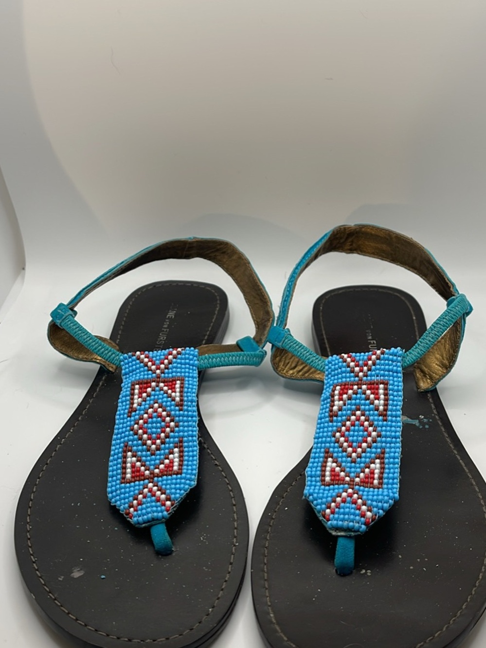 Diane Von Furstenberg Turquoise and Brown Beaded T-Strap Sandals